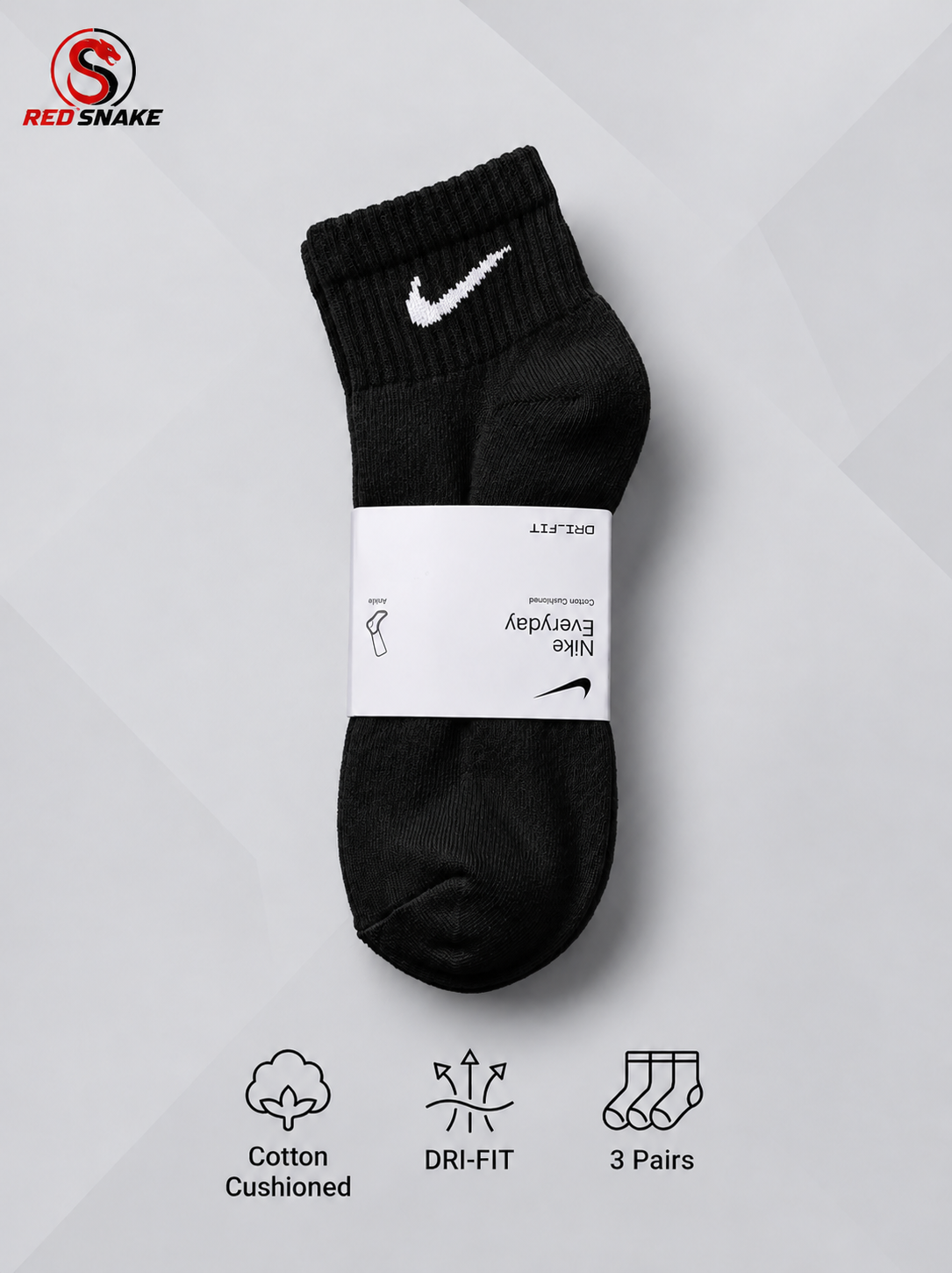 N.I.K.E Dri-FIT Low-Cut Ankle Fit Socks – Pack of 3 ( Export Overstock ) Black