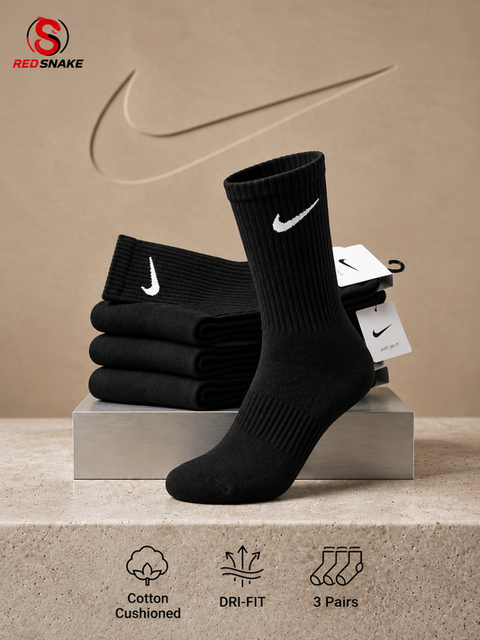 N.I.K.E Everyday Cushion Crew socks – Pack of 3 ( Export Overstock ) Black