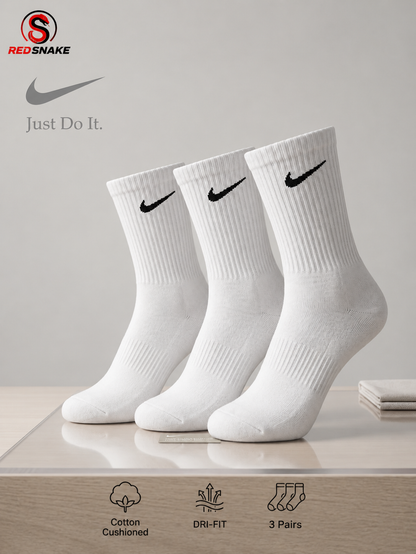 N.I.K.E Everyday Cushion Crew socks – Pack of 3 ( Export Overstock ) White