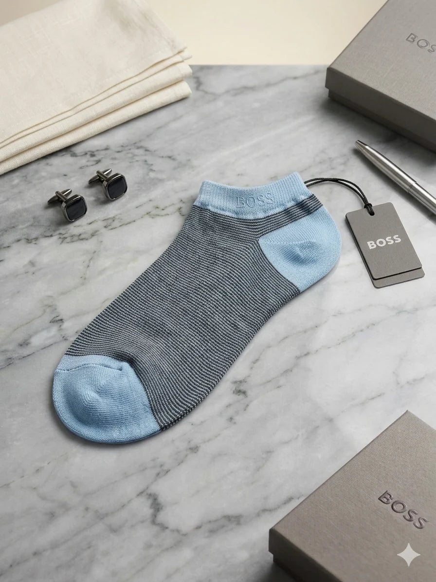 BOSS Pack of 3 Premium Ankle Cotton Socks (Grey, Blue and Yellow)
