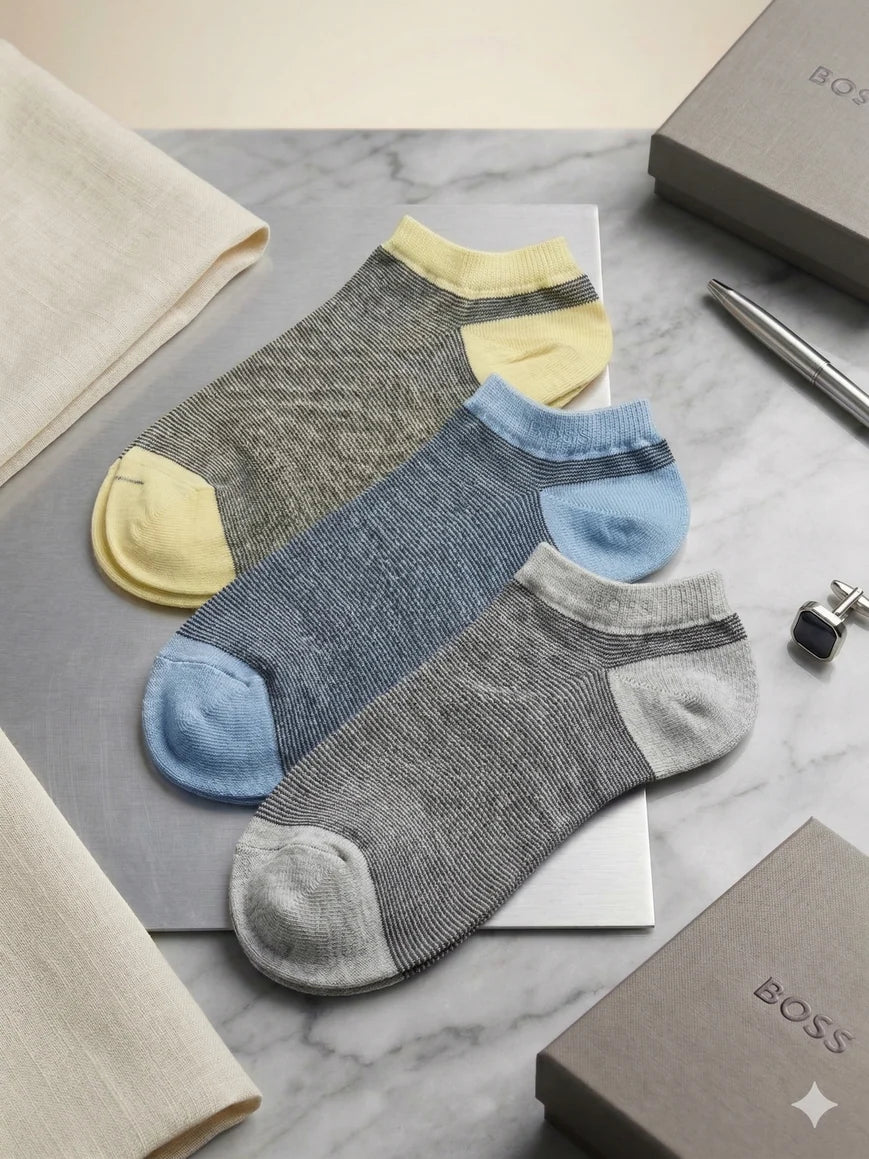 BOSS Pack of 3 Premium Ankle Cotton Socks (Grey, Blue and Yellow)