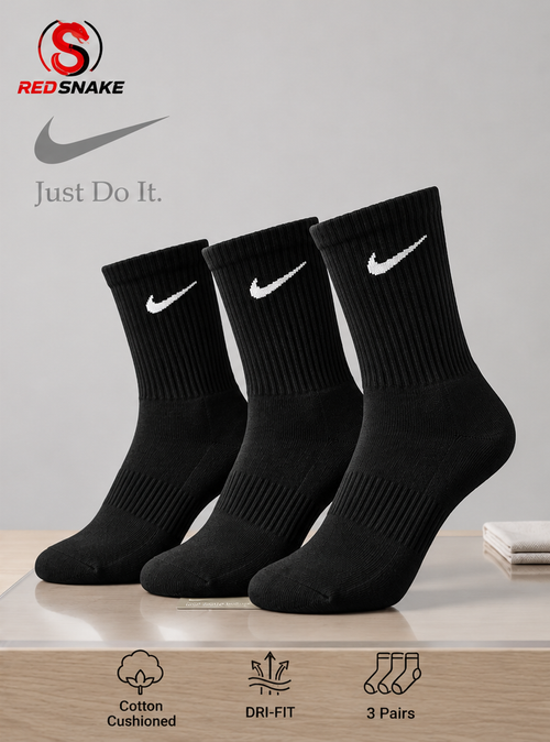 N.I.K.E Everyday Cushion Crew socks – Pack of 3 ( Export Overstock ) Black