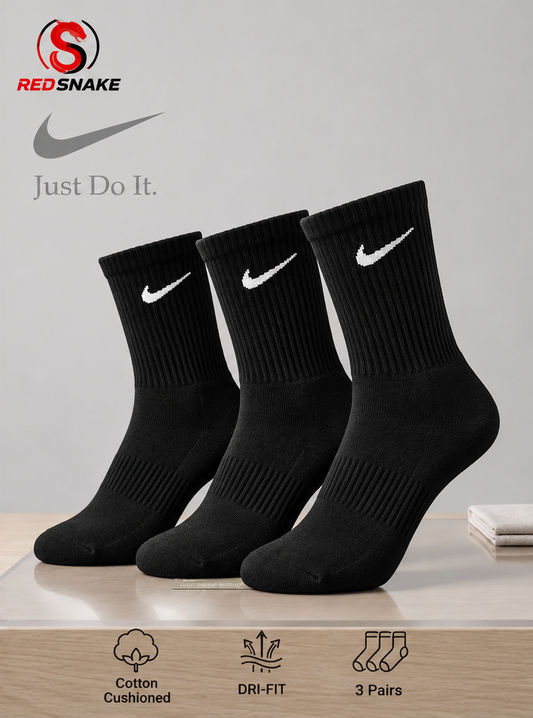 N.I.K.E Everyday Cushion Crew socks – Pack of 3 ( Export Overstock ) Black